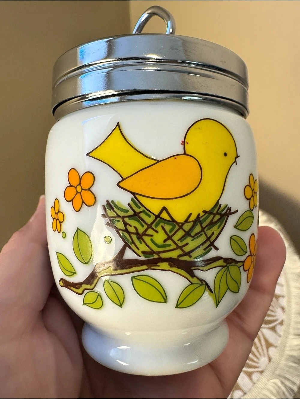 VINTAGE 1970s Ceramic Egg Coddler Yellow Bird Floral Screw Lid